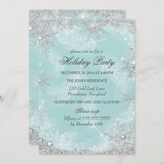 ティール（緑がかった色）ウィンターワンダーランドクリスマスホリデーパーティー 招待状 (正面/裏面)