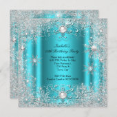 ティール(緑がかった色)ウィンターワンダーランドスノーフレークパーティー 招待状 (正面/裏面)