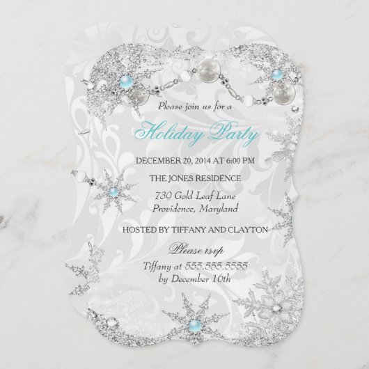 ティール(緑がかった色)ウィンターワンダーランドダマスホリデーパーティー 招待状 (正面/裏面)