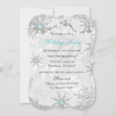 ティール(緑がかった色)ウィンターワンダーランドダマスホリデーパーティー 招待状 (正面)