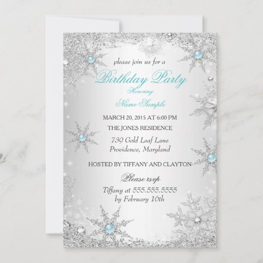 ティール(緑がかった色)ウィンターワンダーランドバースデーパーティー 招待状 (正面)