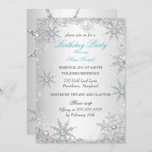 ティール（緑がかった色）ウィンターワンダーランドバースデーパーティー 招待状 (正面/裏面)