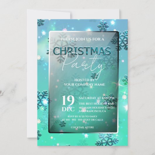 ティール（緑がかった色）ウィンターワンダーランドビジネスクリスマスパーティー 招待状 (正面)