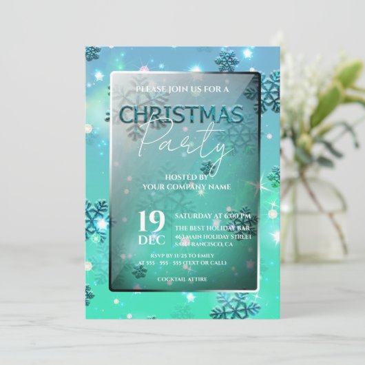 ティール（緑がかった色）ウィンターワンダーランドビジネスクリスマスパーティー 招待状 (スタンド正面)