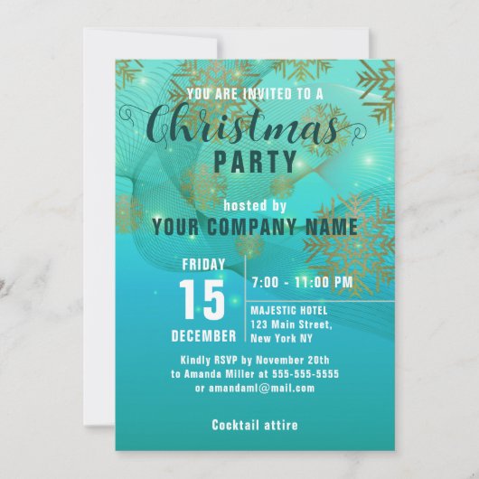 ティール（緑がかった色）ウィンター企業のクリスマスパーティの招待状 (正面)