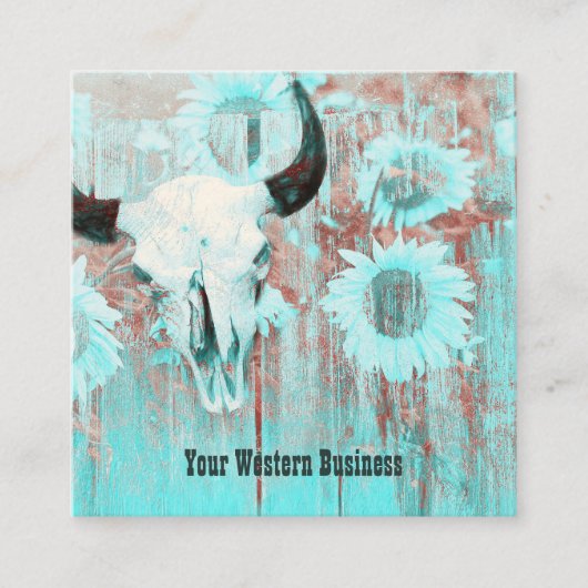 ティール(緑がかった色)ウェスタン素朴カントリーブルスカルひまわり花 スクエア名刺 (正面)