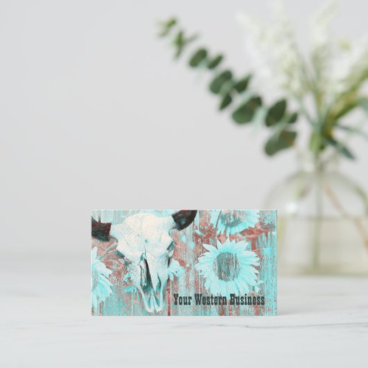 ティール(緑がかった色)ウェスタン素朴カントリーブルスカルひまわり花 名刺 (スタンド正面)