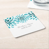 ティール（緑がかった色）ウォーターカラーキク紙コースター スクエアペーパーコースター (アングル)