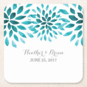 ティール（緑がかった色）ウォーターカラーキク紙コースター スクエアペーパーコースター (正面)