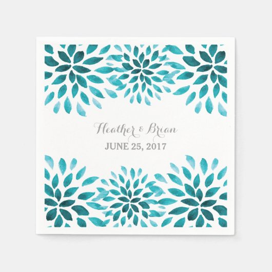 ティール（緑がかった色）ウォーターカラーキク紙ナプキンス スタンダードカクテルナプキン (正面)