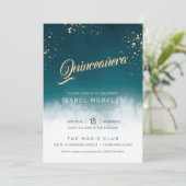 ティール（緑がかった色）ウォーターカラーゴールデン（ばちゃばちゃ）跳ねるキンセアニェラパーティー 招待状 (スタンド正面)