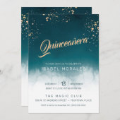 ティール（緑がかった色）ウォーターカラーゴールデン（ばちゃばちゃ）跳ねるキンセアニェラパーティー 招待状 (正面/裏面)