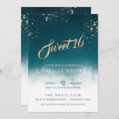ティール(緑がかった色)ウォーターカラーゴールデン(ばちゃばちゃ)跳ねるスイート16パーティー 招待状 (正面/裏面)
