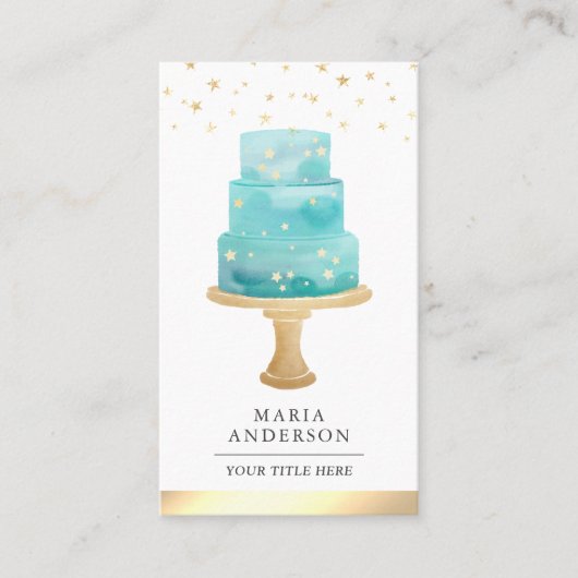ティール(緑がかった色)ウォーターカラースターズケーキペストリーシェフベーカリー 名刺 (正面)