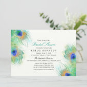 ティール(緑がかった色)ウォーターカラーピーコックフェザーブライダルシャワー 招待状 (スタンド正面)