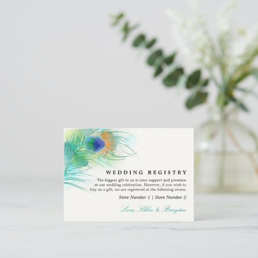 ティール（緑がかった色）ウォーターカラーピーコック |の結婚ギフト登録 エンクロージャーカード (スタンド正面)