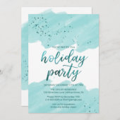 ティール（緑がかった色）ウォーターカラーホリデーパーティー 招待状 (正面/裏面)