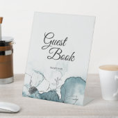 ティール(緑がかった色)ウォーターカラー結婚スケッチのゲストブック 台座サイン (インサイチュ)