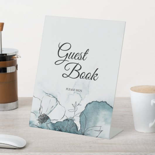 ティール（緑がかった色）ウォーターカラー結婚スケッチのゲストブック 台座サイン (インサイチュ)