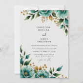 ティール（緑がかった色）ウォーター・カラーフローラ植物学春の結婚式 招待状 (正面)