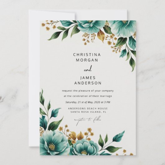 ティール（緑がかった色）ウォーター・カラーフローラ植物学春の結婚式 招待状 (正面)