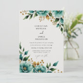 ティール（緑がかった色）ウォーター・カラーフローラ植物学春の結婚式 招待状 (スタンド正面)