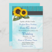 ティール（緑がかった色）ウッドウォーターカラー素朴ひまわり結婚の 招待状 (正面/裏面)