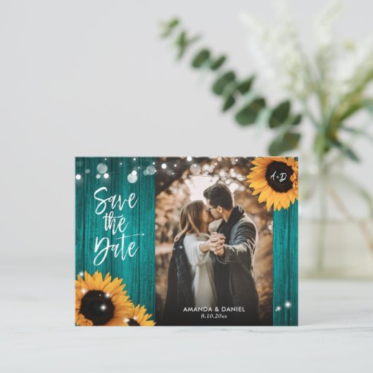 ティール(緑がかった色)ウッドヒマワリ日付写真はがきを保存 案内ポストカード (スタンド正面)