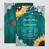 ティール（緑がかった色）ウッドレースユーカリライトサンフラワー結婚ズ 招待状 (正面/裏面)