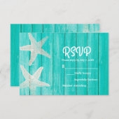 ティール（緑がかった色）ウッド&スターフィッシュエレガントビーチRSVPカード 出欠カード (正面/裏面)