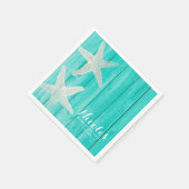 ティール（緑がかった色）ウッド&スターフィッシュビーチエレガントトロピカルシック スタンダードカクテルナプキン (角)