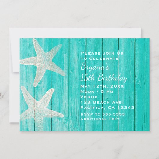 ティール（緑がかった色）ウッド&スターフィッシュビーチエレガント招待状 招待状 (正面)