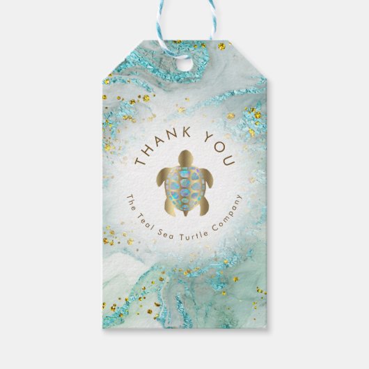 ティール（緑がかった色）ウミガメデザイン ギフトタグ (正面)