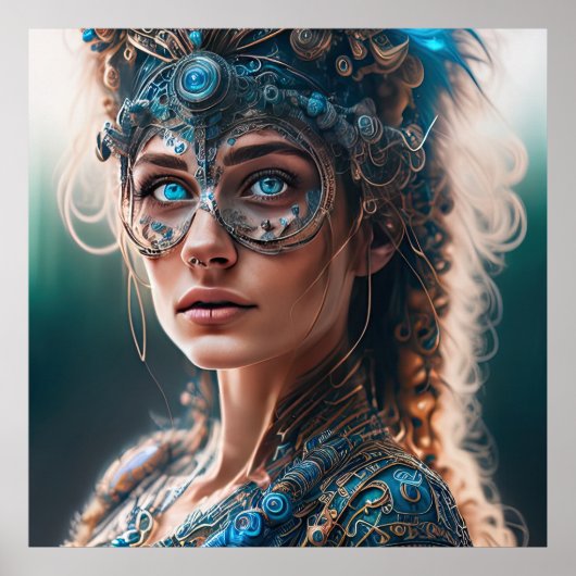 ティール（緑がかった色）エイリアンサイボーグSCI-FIアート ポスター (正面)