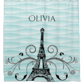 ティール(緑がかった色)エッフェルタワーフローリッシュシャワーカーテン シャワーカーテン (正面)