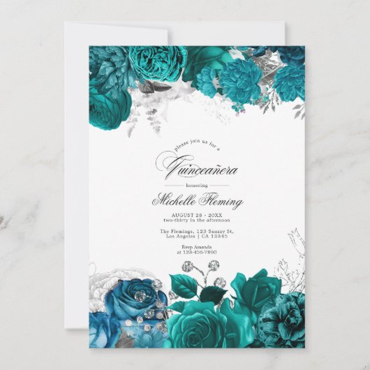 ティール（緑がかった色）エレガントとシルバーフローラキンセアニラ写真 招待状 (正面)