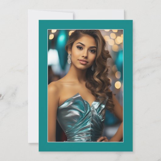 ティール（緑がかった色）エレガントとシルバーフローラキンセアニラ写真 招待状 (裏面)