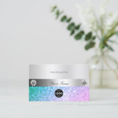 ティール(緑がかった色)エレガントとピンクのグリッターロゴ発光シルバー 名刺 (スタンド正面)