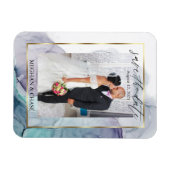 ティール(緑がかった色)エレガントと紫色の写真の日付を保存 マグネット (横)