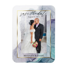 ティール（緑がかった色）エレガントと紫色の写真の日付を保存 マグネット