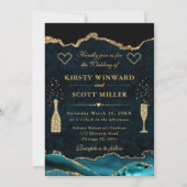 ティール（緑がかった色）エレガントと金ゴールドグリッターマーブルアゲテ結婚ス 招待状 (正面)