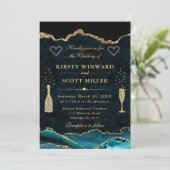 ティール（緑がかった色）エレガントと金ゴールドグリッターマーブルアゲテ結婚ス 招待状 (スタンド正面)