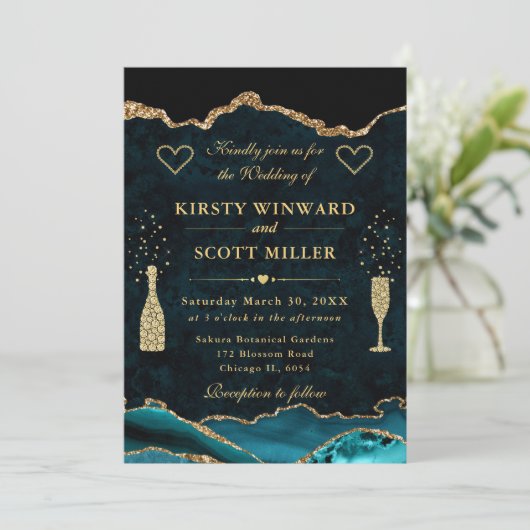 ティール（緑がかった色）エレガントと金ゴールドグリッターマーブルアゲテ結婚ス 招待状 (スタンド正面)