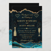 ティール（緑がかった色）エレガントと金ゴールドグリッターマーブルアゲテ結婚ス 招待状 (正面/裏面)