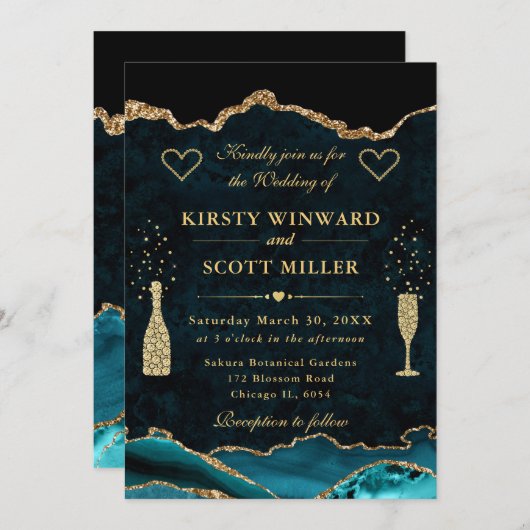 ティール（緑がかった色）エレガントと金ゴールドグリッターマーブルアゲテ結婚ス 招待状 (正面/裏面)