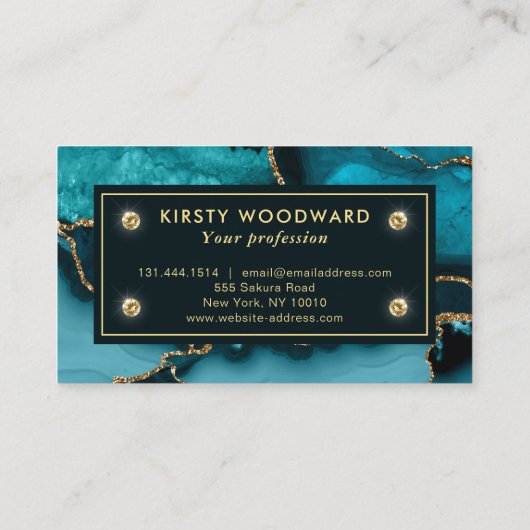 ティール（緑がかった色）エレガントと金ゴールドグリッターマーブルアゲート 名刺 (裏面)