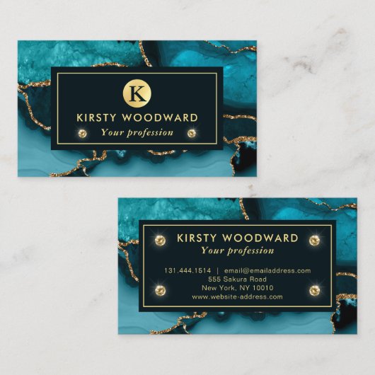 ティール（緑がかった色）エレガントと金ゴールドグリッターマーブルアゲート 名刺 (正面/裏面)