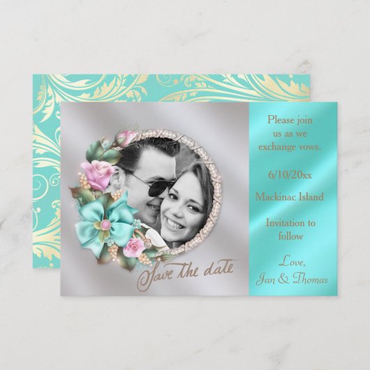 ティール(緑がかった色)エレガントと金ゴールドシルバーフォトセーブ日付 セーブザデート (正面/裏面)