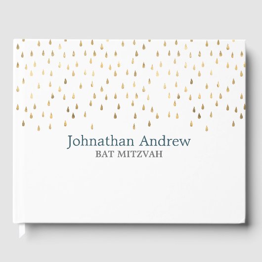 ティール(緑がかった色)エレガントと金ゴールドレインドロップバー(ユダヤ教の)バル・ミツバー ゲストブック (正面)