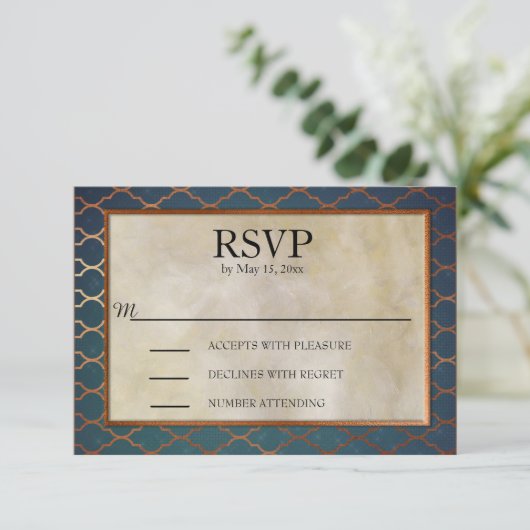ティール（緑がかった色）エレガントと銅ウェディングRSVP 出欠カード (スタンド正面)